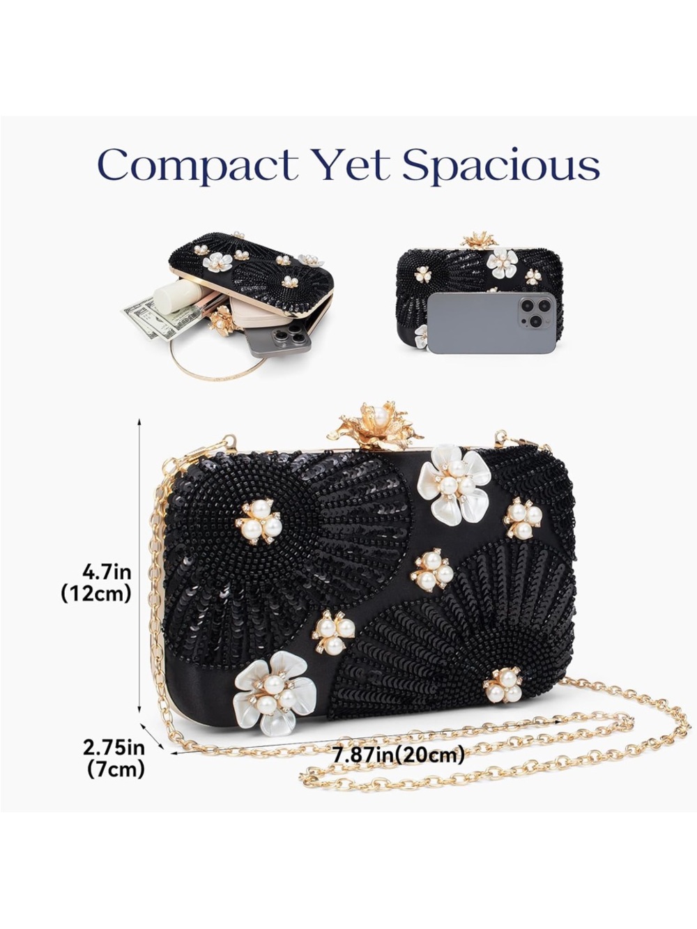 Black Beaded Floral Evening Clutch with Gold Chain Strap